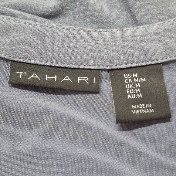 Tahari Faux Wrap Stretch Side Tie Blouse Size Medium Steel Blue Coquette Office - Picture 8 of 14